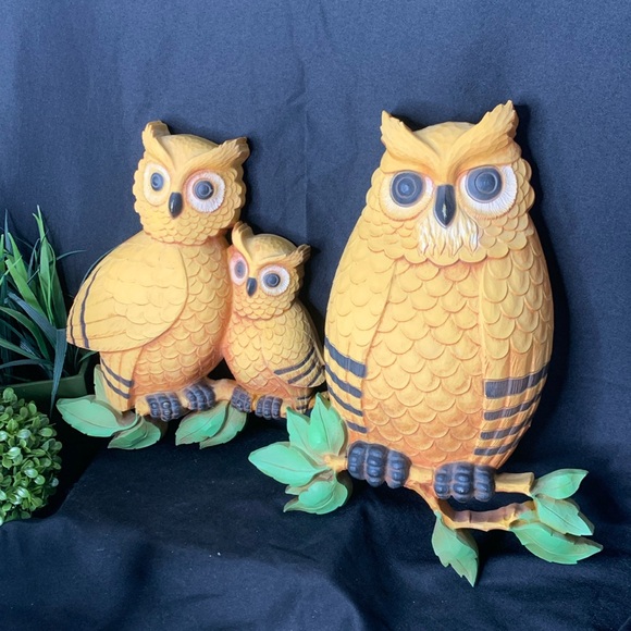 Set of 2 vintage Homco 1976 horned owl wall plaques / wall decor - Picture 1 of 8
